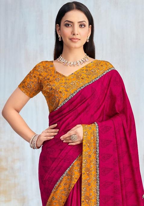 Purple Floral Digital Print Silk Saree Set