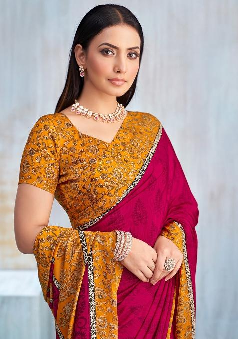 Purple Floral Digital Print Silk Saree Set