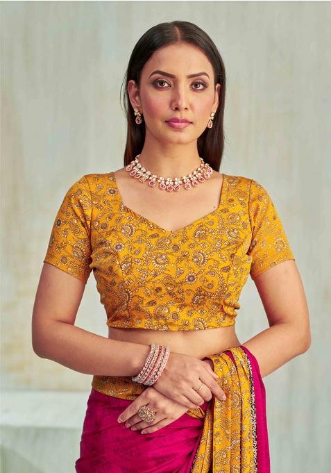 Purple Floral Digital Print Silk Saree Set