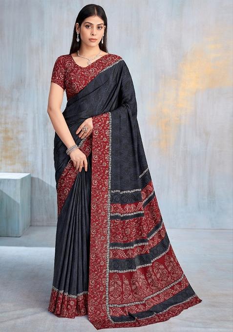 Grey Floral Digital Print Silk Saree Set