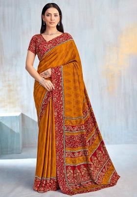 Yellow Floral Digital Print Silk Saree Set