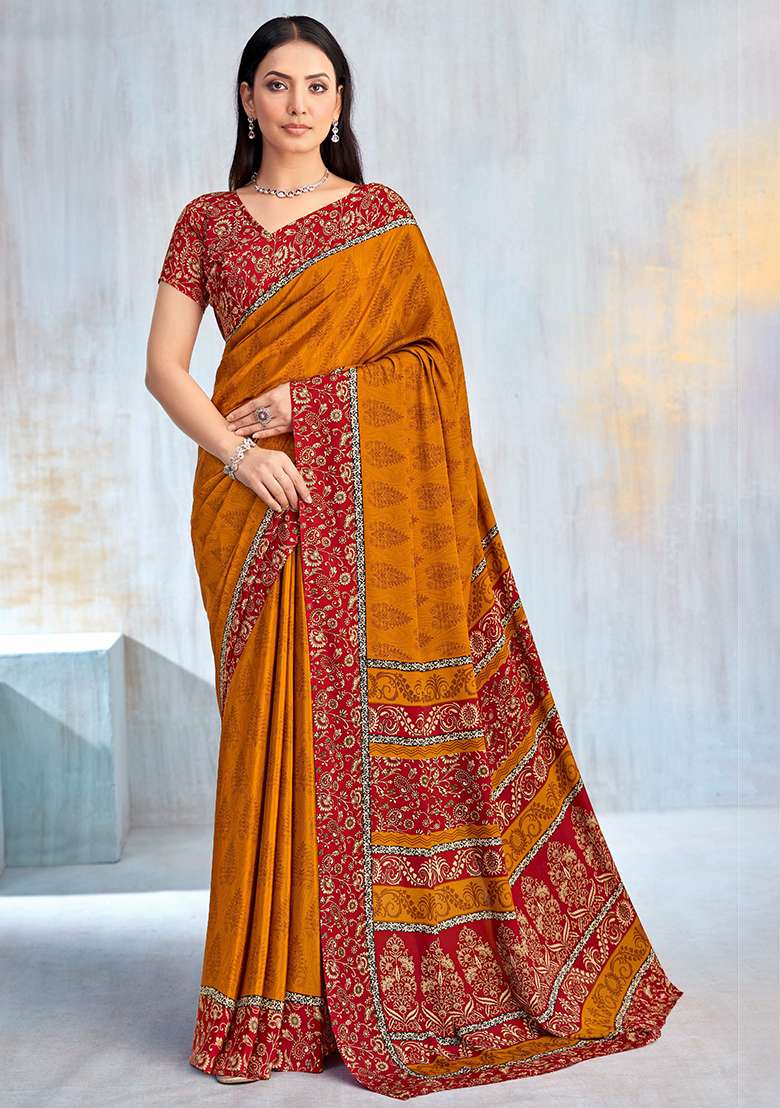 Yellow Floral Digital Print Silk Saree Set - Indya