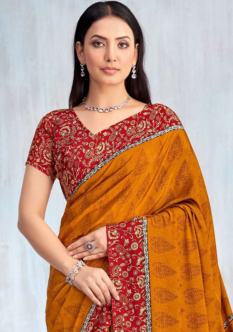 Yellow Floral Digital Print Silk Saree Set - Indya