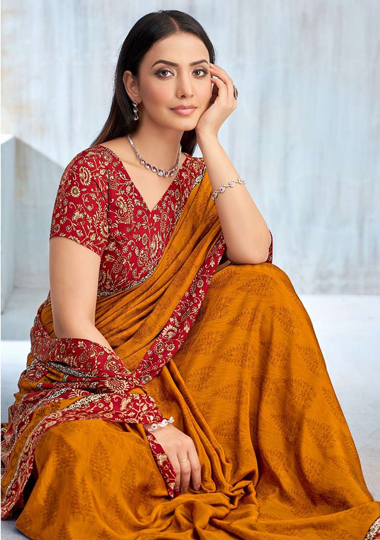Yellow Floral Digital Print Silk Saree Set - Indya