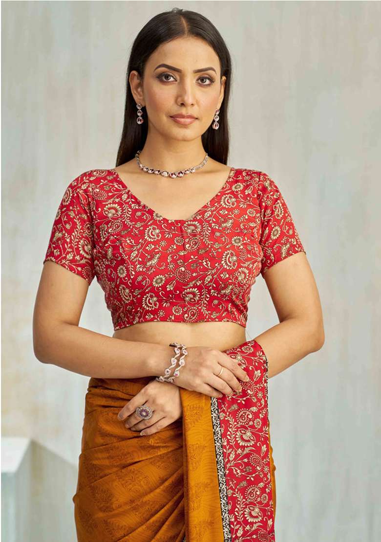 Yellow Floral Digital Print Silk Saree Set - Indya
