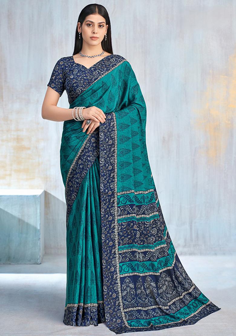 Green Floral Digital Print Silk Saree Set