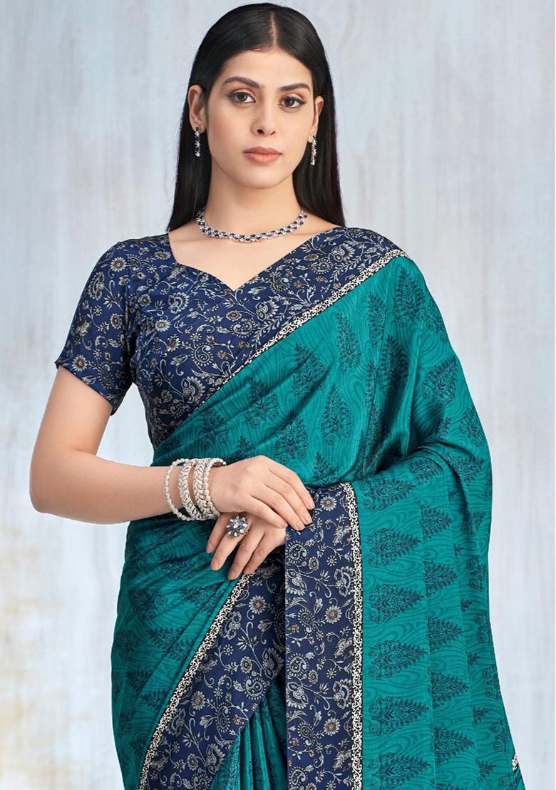 Green Floral Digital Print Silk Saree Set