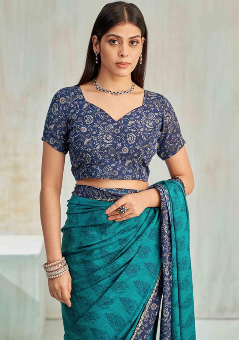 Green Floral Digital Print Silk Saree Set