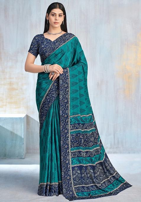 Green Floral Digital Print Silk Saree Set