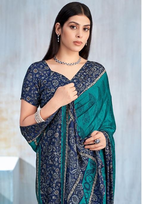 Green Floral Digital Print Silk Saree Set