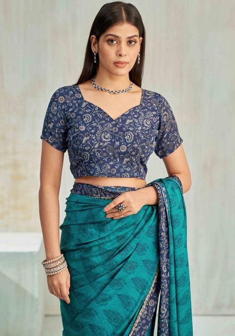 Green Floral Digital Print Silk Saree Set