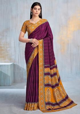 Wine Floral Digital Print Silk Saree Set