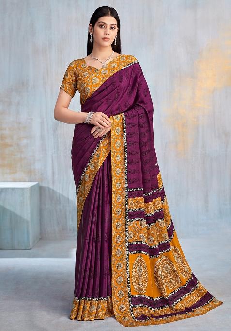 Wine Floral Digital Print Silk Saree Set