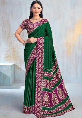 Green Floral Digital Print Silk Saree Set
