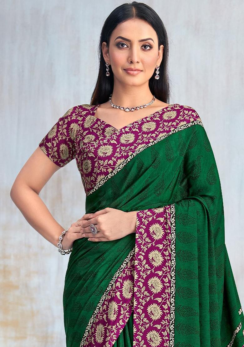 Green Floral Digital Print Silk Saree Set