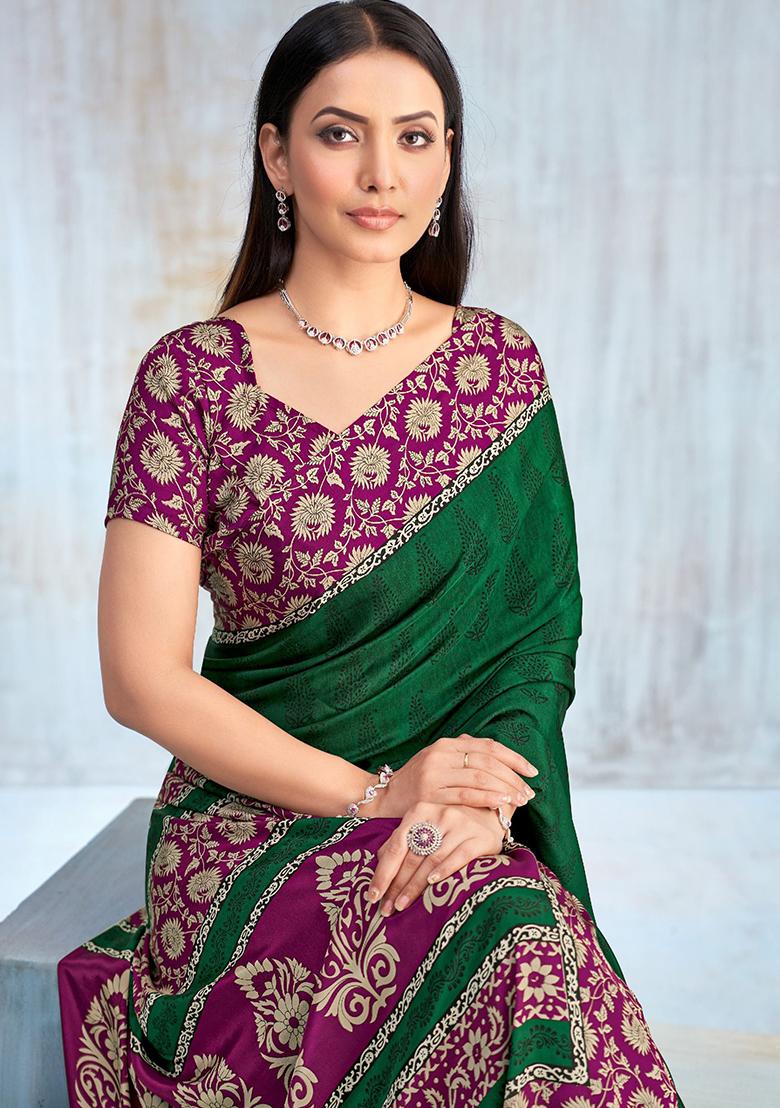 Green Floral Digital Print Silk Saree Set
