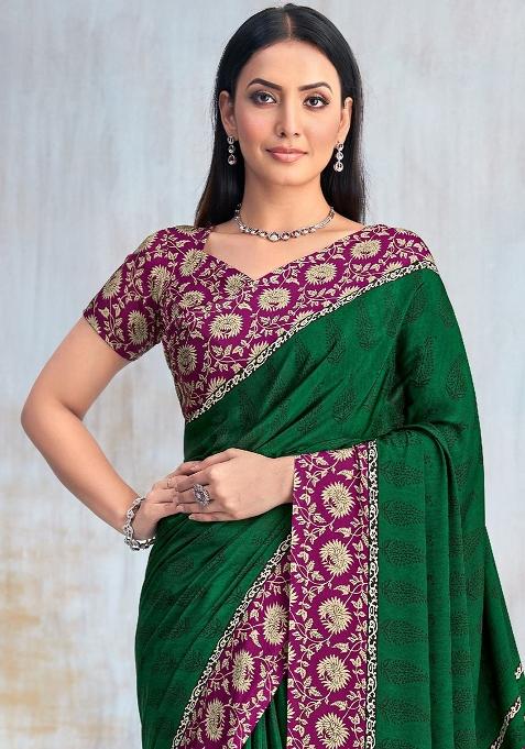 Green Floral Digital Print Silk Saree Set
