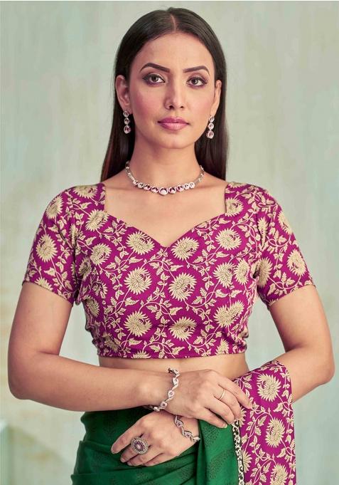 Green Floral Digital Print Silk Saree Set