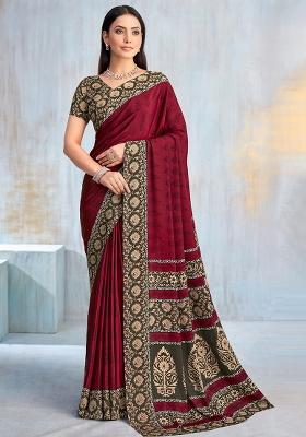 Maroon Floral Digital Print Silk Saree Set