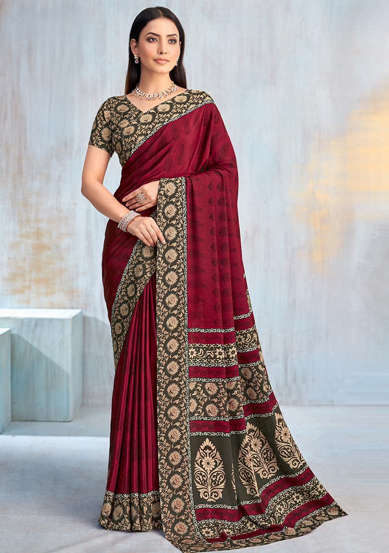 Maroon Floral Digital Print Silk Saree Set for Diwali and Festive Wear - Indya