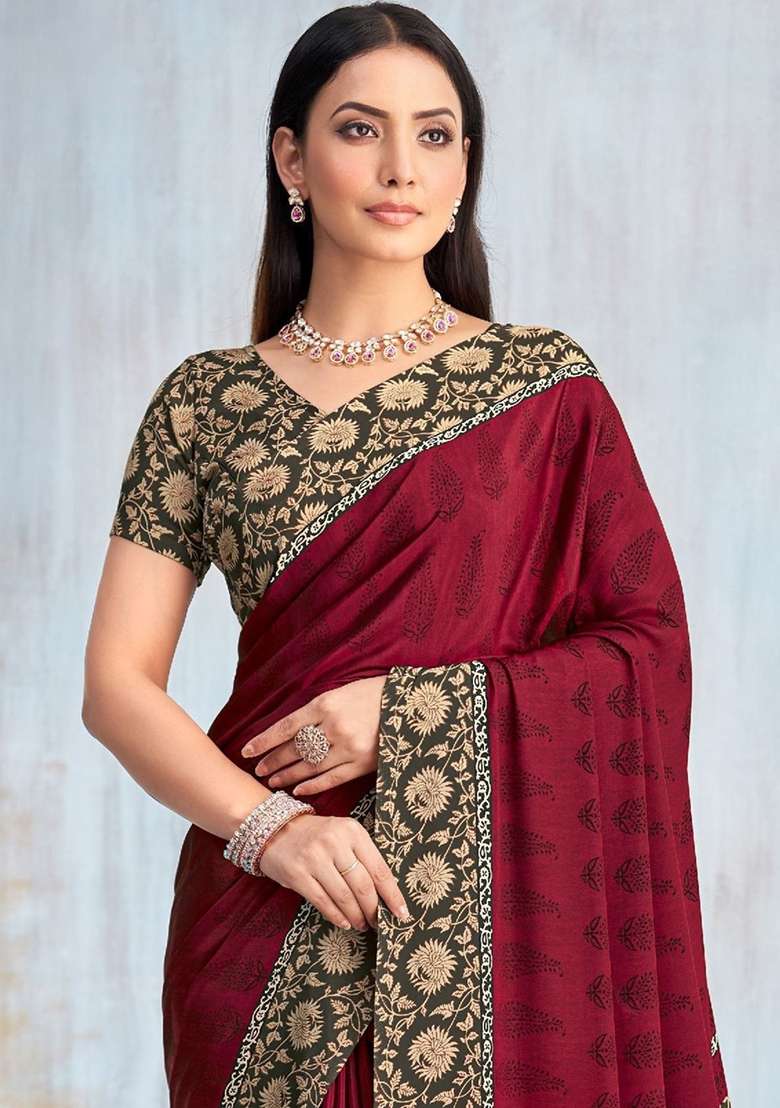 Maroon Floral Digital Print Silk Saree Set for Diwali and Festive Wear - Indya