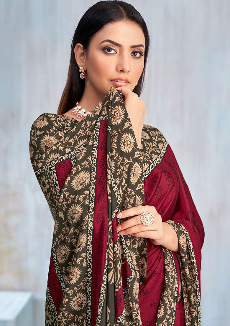 Maroon Floral Digital Print Silk Saree Set for Diwali and Festive Wear - Indya