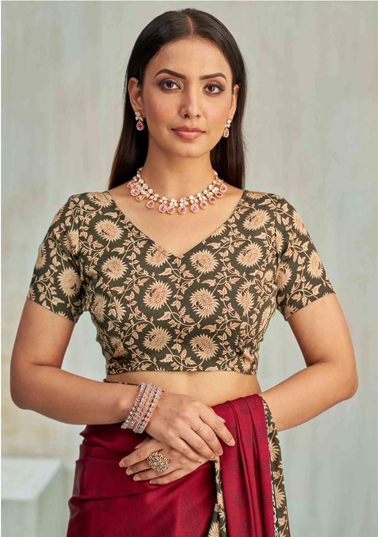 Maroon Floral Digital Print Silk Saree Set for Diwali and Festive Wear - Indya