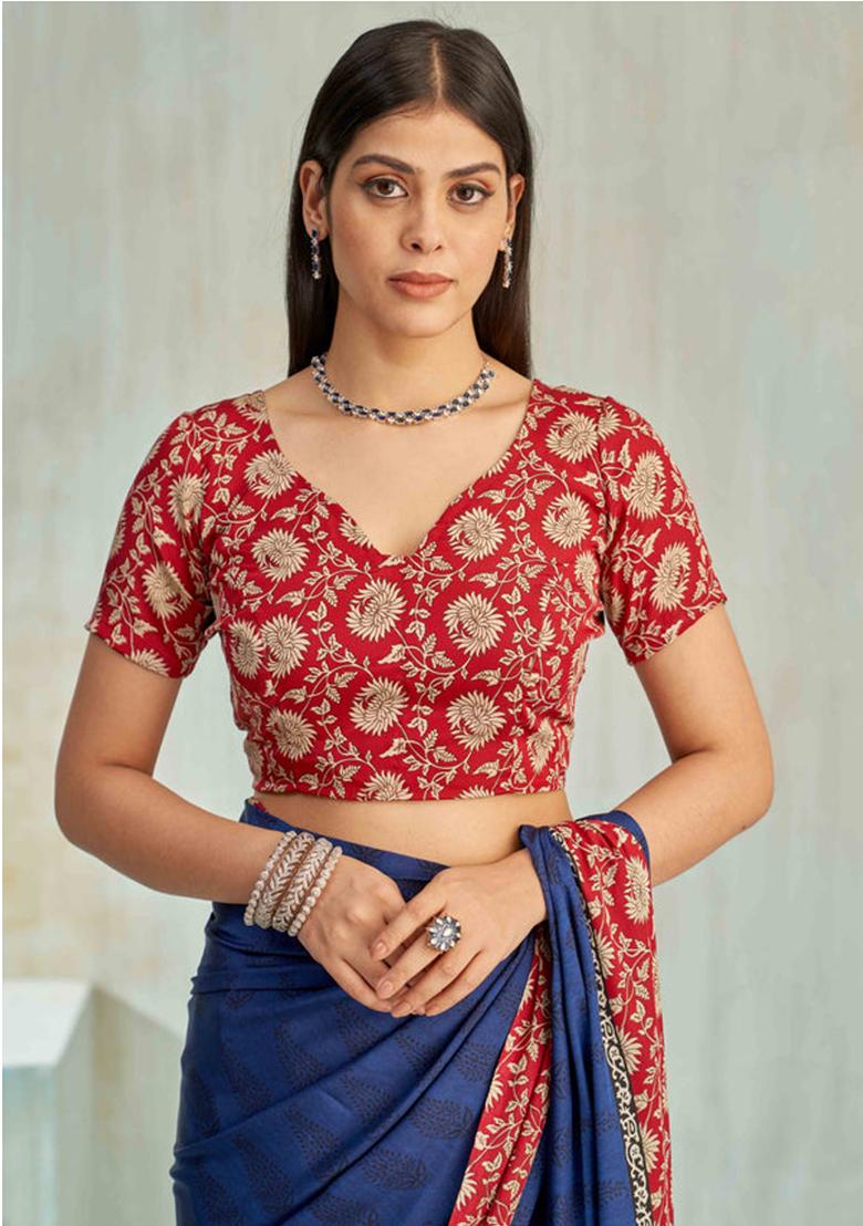 Blue Floral Digital Print Silk Saree Set - Indya