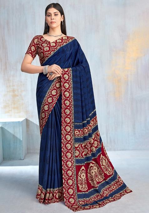 Blue Floral Digital Print Silk Saree Set