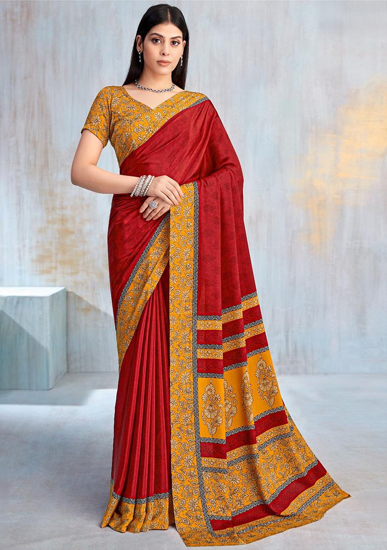 Red Floral Digital Print Silk Saree Set
