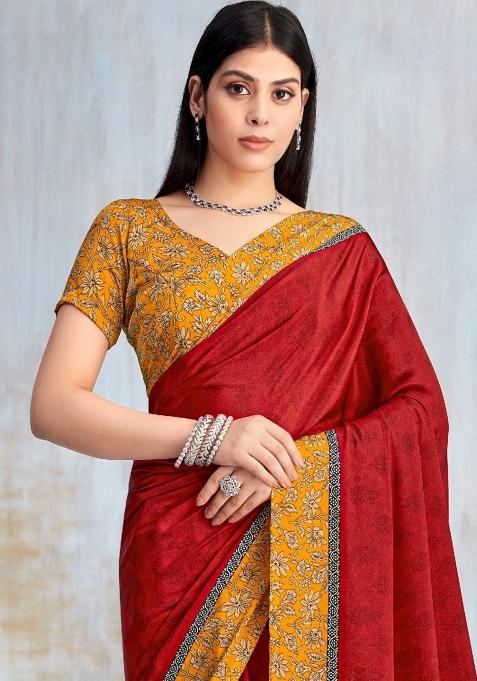Red Floral Digital Print Silk Saree Set