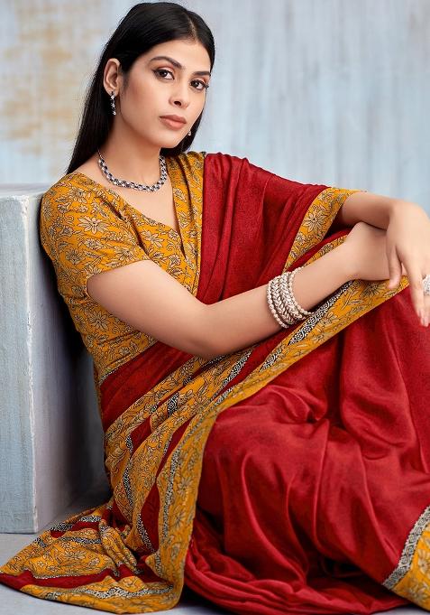 Red Floral Digital Print Silk Saree Set