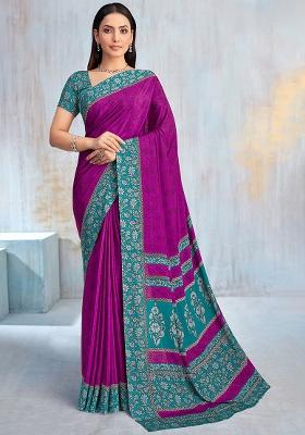 Purple Floral Digital Print Silk Saree Set