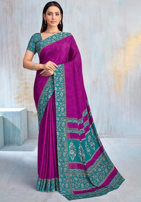 Purple Floral Digital Print Silk Saree Set