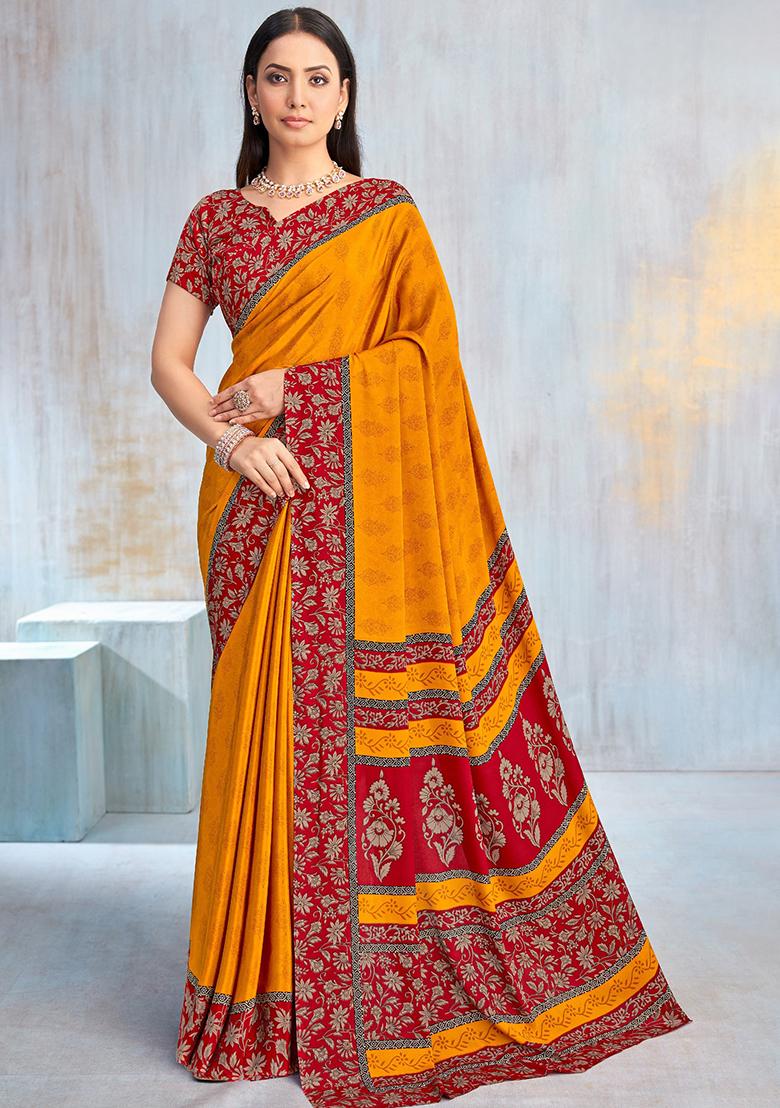 Yellow Floral Digital Print Silk Saree Set