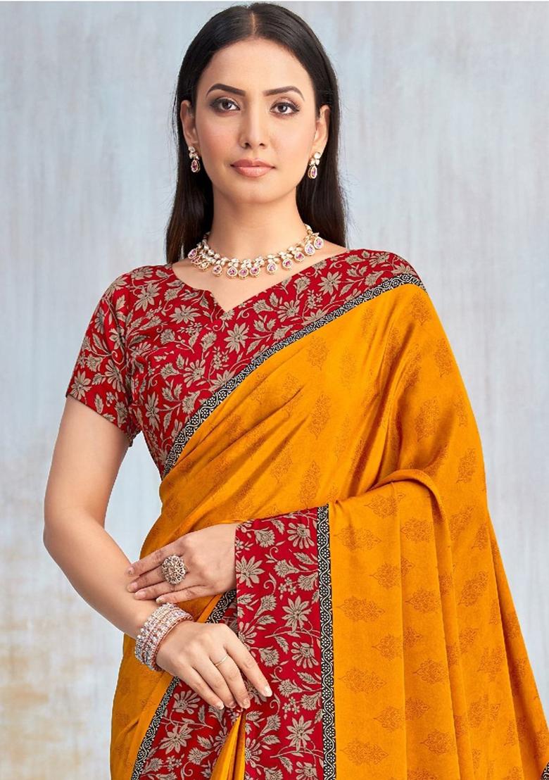 Yellow Floral Digital Print Silk Saree Set