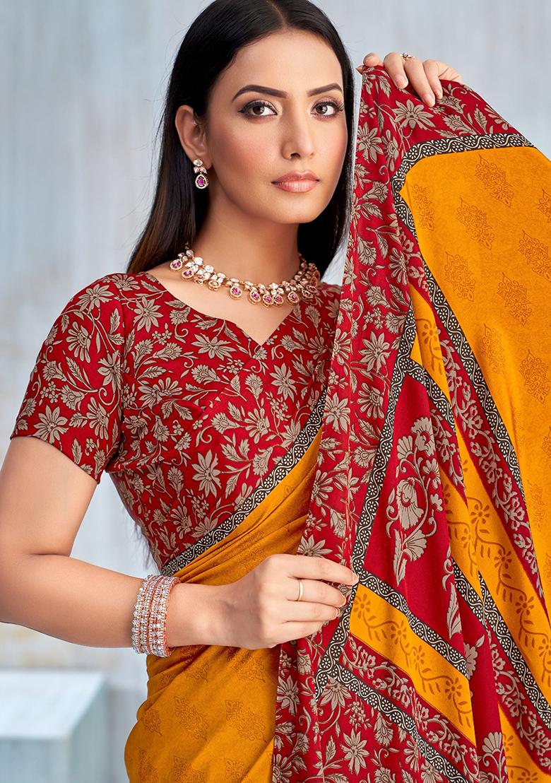 Yellow Floral Digital Print Silk Saree Set