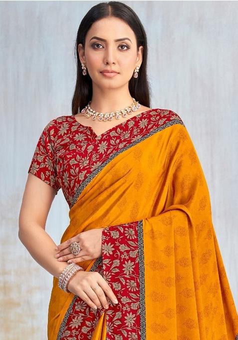 Yellow Floral Digital Print Silk Saree Set