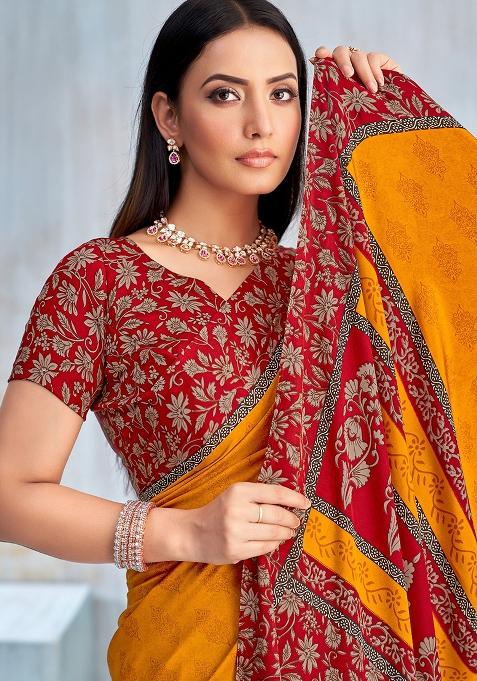 Yellow Floral Digital Print Silk Saree Set