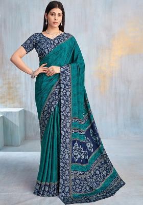 Green Floral Digital Print Silk Saree Set