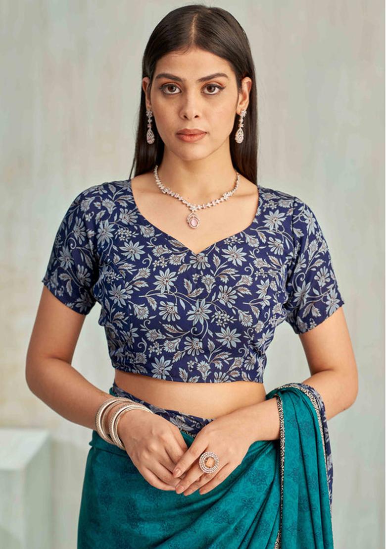 Green Floral Digital Print Silk Saree Set