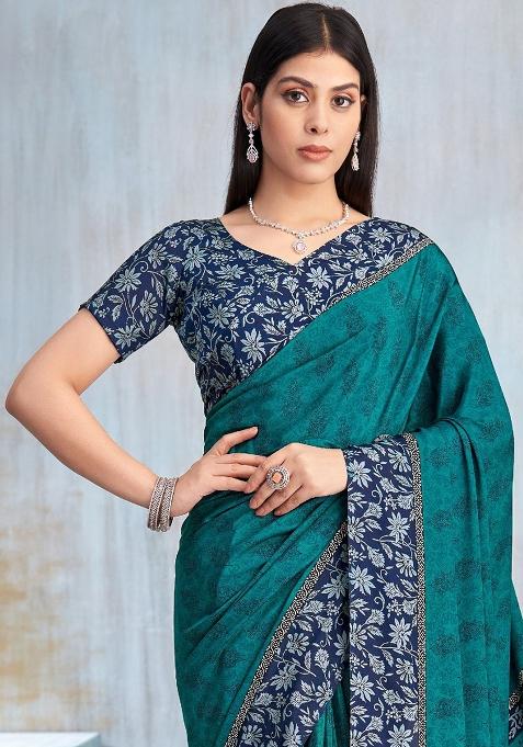 Green Floral Digital Print Silk Saree Set