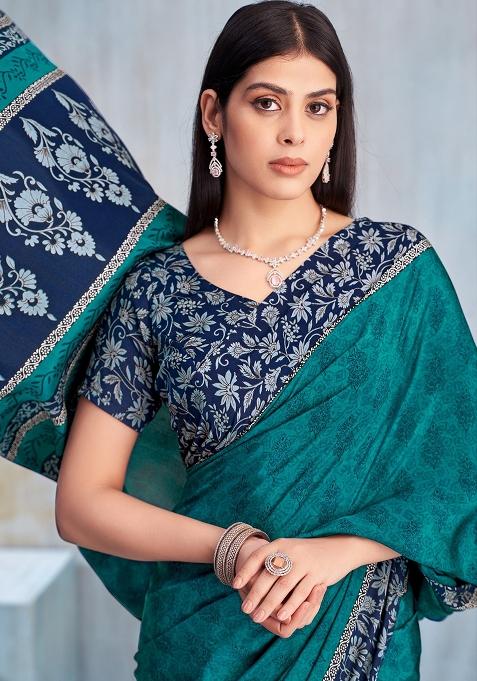 Green Floral Digital Print Silk Saree Set