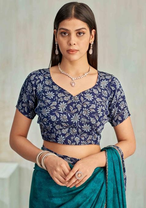 Green Floral Digital Print Silk Saree Set