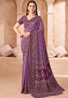 Purple Printed Silk Saree Set