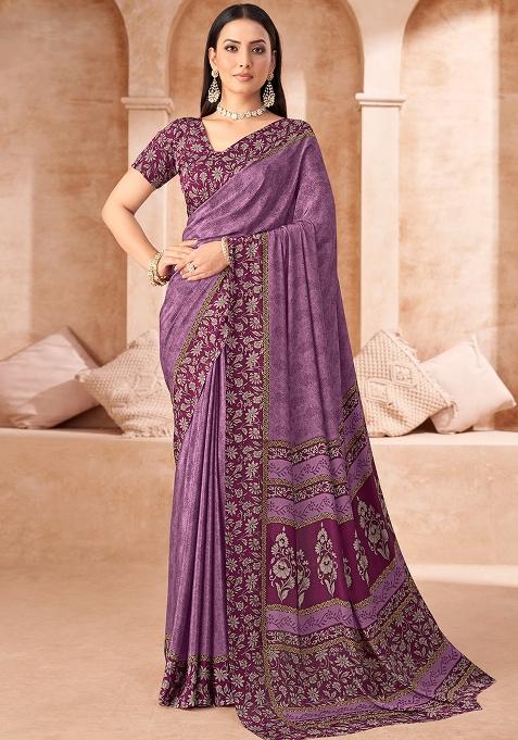 Purple Printed Silk Saree Set
