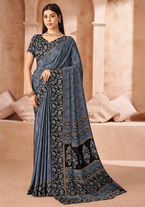 Grey Printed Silk Saree Set