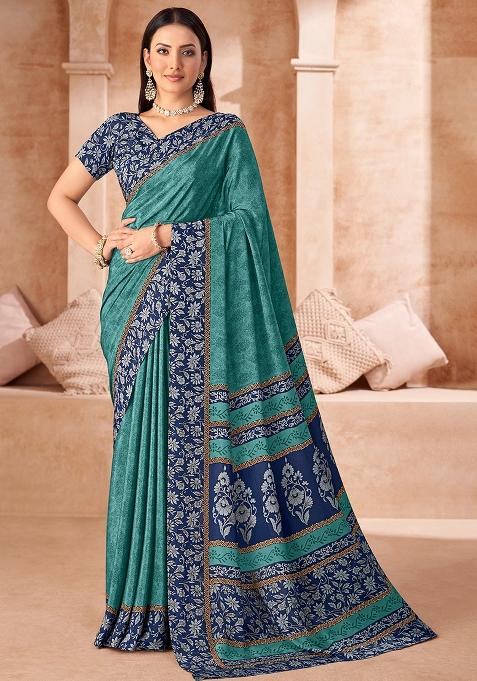 Green Printed Silk Saree Set