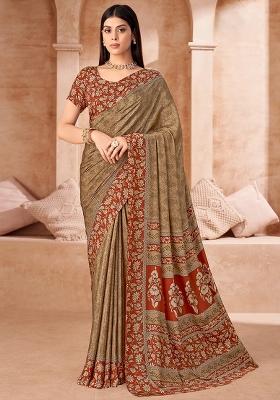 Brown Printed Silk Saree Set