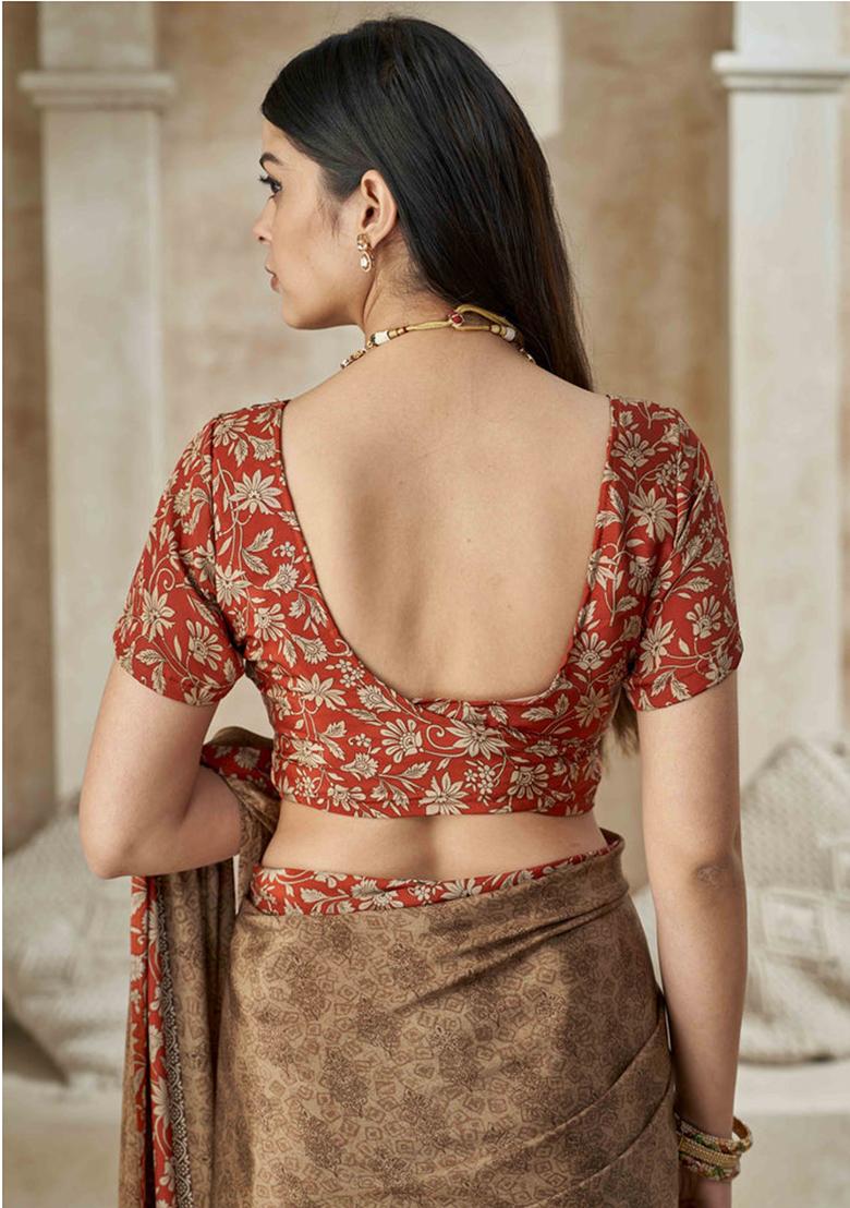 Brown Printed Silk Saree Set - Indya